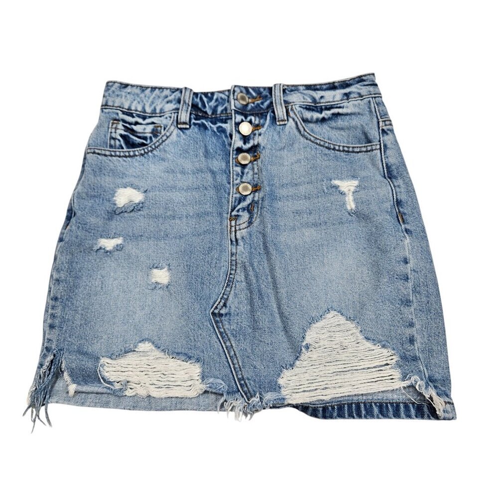 Kancan Signature Denim Distressed Button-Front Mini Skirt S Distressed Casual